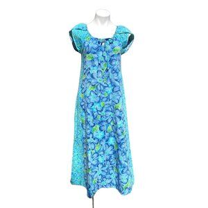 Vintage 70s Pomare Hawaii Women's Dress A-line Maxi Paneled Hibiscus Print Blue